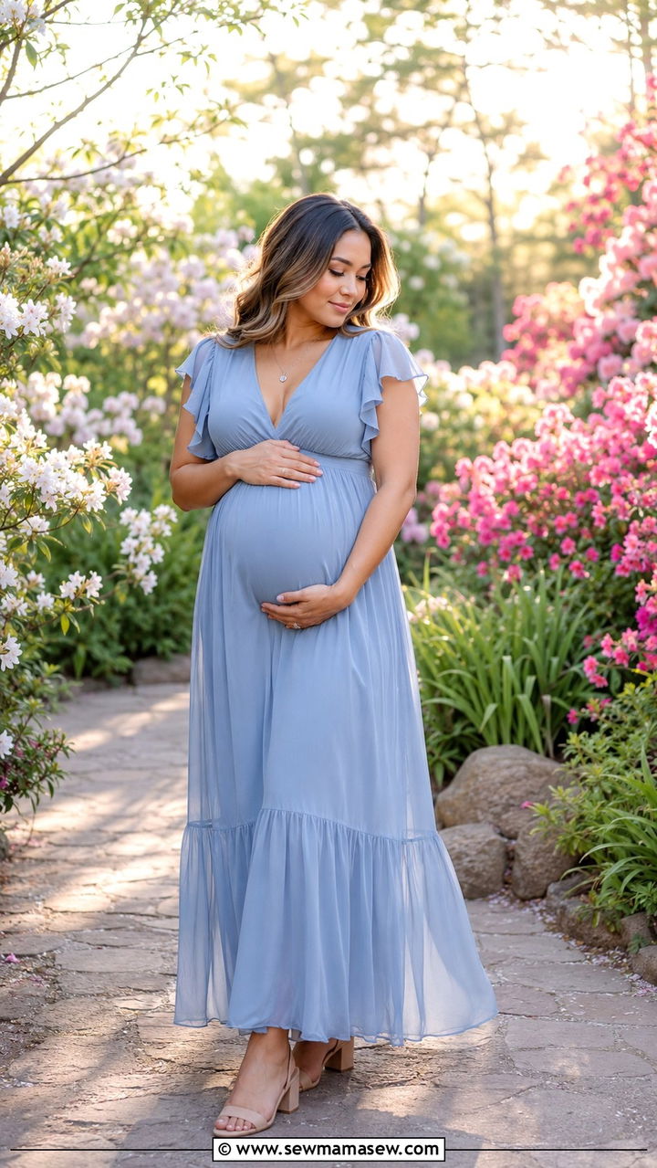 Dusty Blue Flowy Maxi Dress With Neutral Block Heels - 30 Spring maternity photo outfits