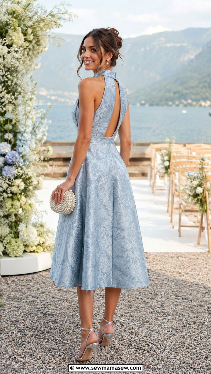 Dusty Blue Jacquard Halter Neck Dress Wedding Guest - 25 Wedding guest outfit ideas jacquard dress