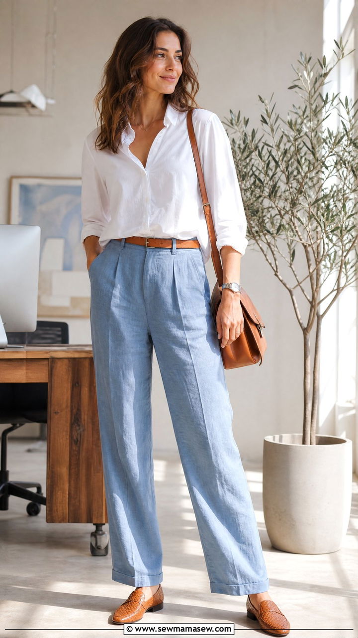 Dusty Blue Linen Pants With White Poplin Shirt And Woven Loafers - 35 linen pants outfits