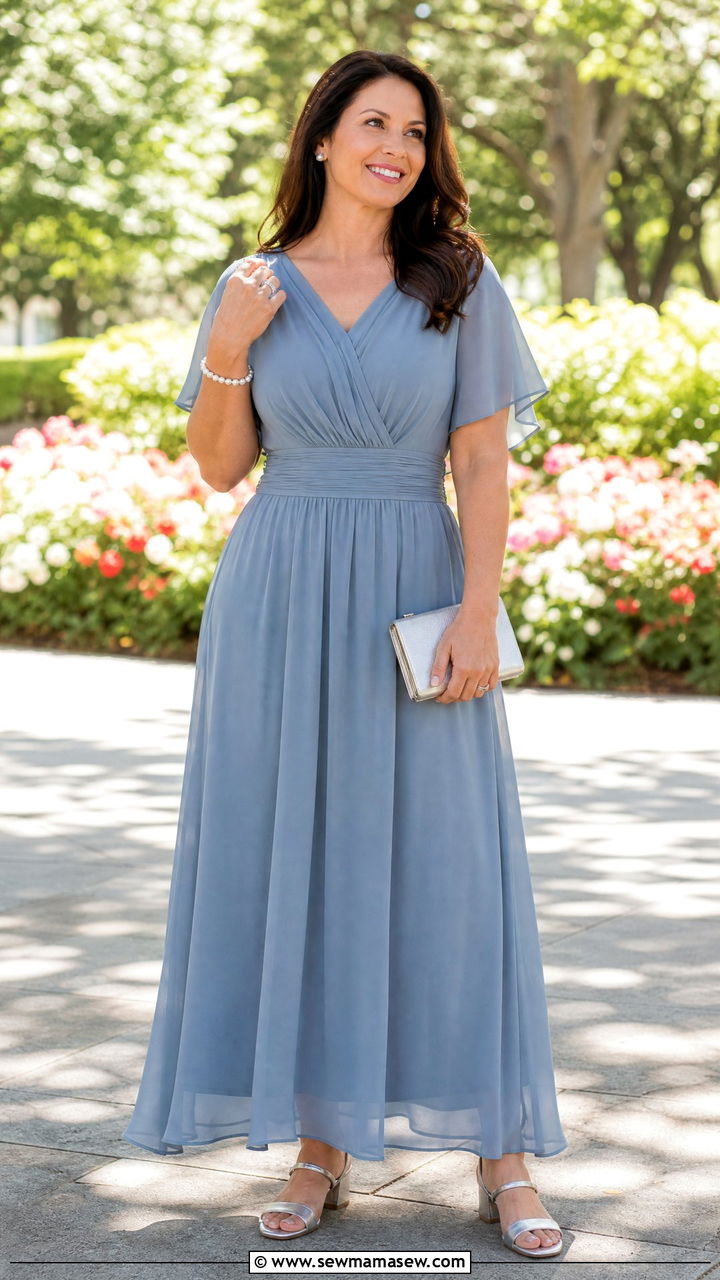 Dusty Blue Maxi Dress With Low Block Heels - 35 Graduation outfits for moms