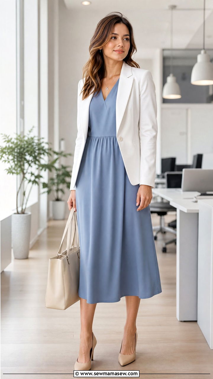 Dusty Blue Midi Dress With White Blazer And Nude Heels - 25 Business casual outfits with midi dress