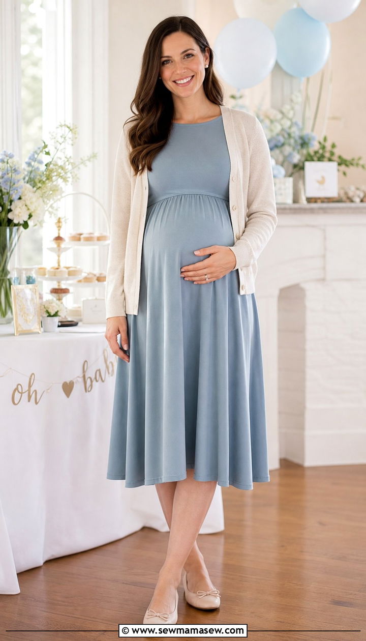 Dusty Blue Midi Dress with Light Cardigan Baby Shower Outfit - 35 Baby shower outfit ideas