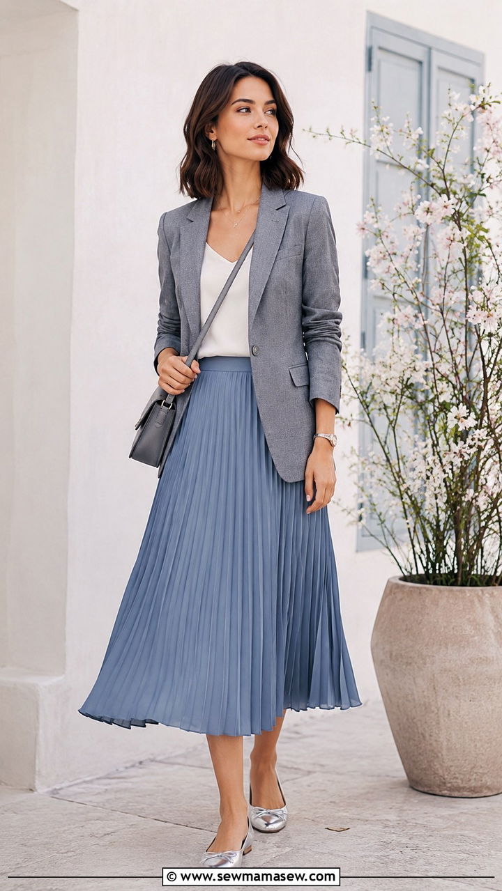 Dusty Blue Pleated Skirt With Gray Blazer - 30 Pleated skirt outfit ideas for work