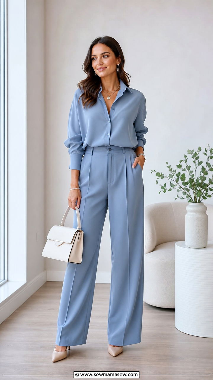 Dusty Blue Relaxed Co Ord with Nude Pumps - 30 Matching set outfit ideas for work