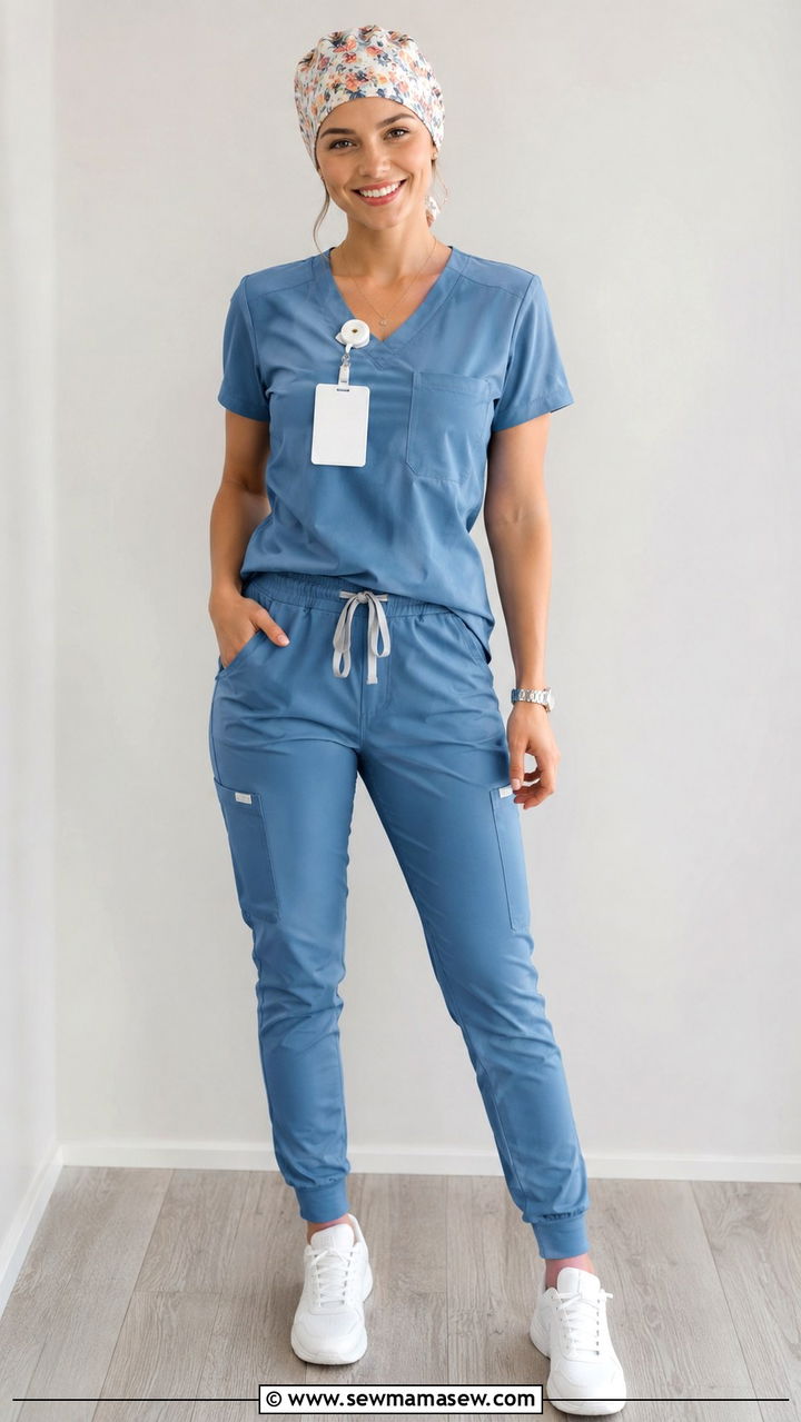 Dusty Blue Scrub Set with a Floral Scrub Cap - 30 Spring outfit ideas for nurse