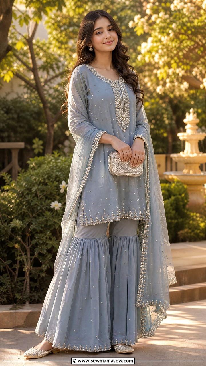 Dusty Blue Sharara with Pearl Embellishment - 30 Eid outfit ideas for teens