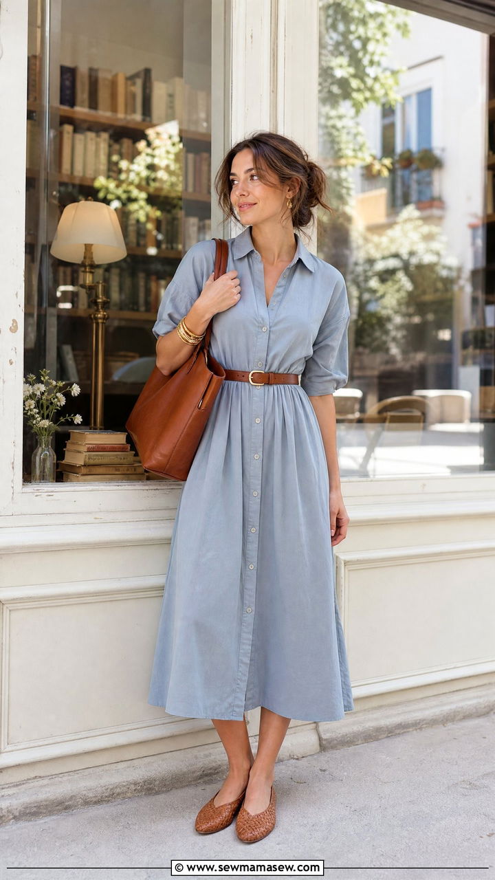 Dusty Blue Shirt Dress With Tan Leather Belt and Woven Flats - 30 summer light academia outfits