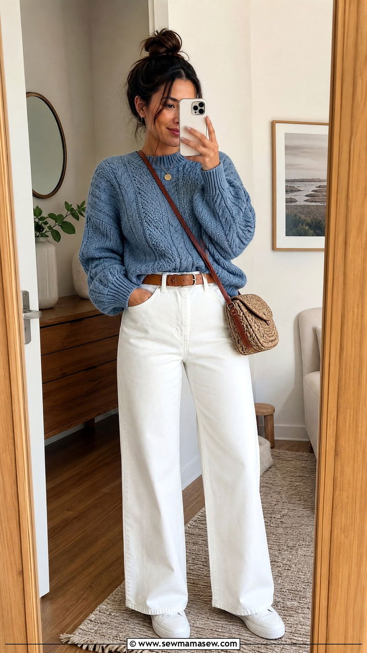 Dusty Blue Sweater And White Jeans - 30 Dusty blue outfit ideas