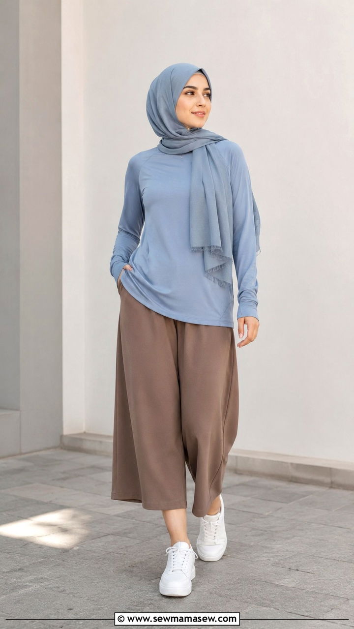 Dusty Blue Top With Brown Culotte Pants And Pashmina Hijab - 25 Modest yoga outfit ideas with hijab