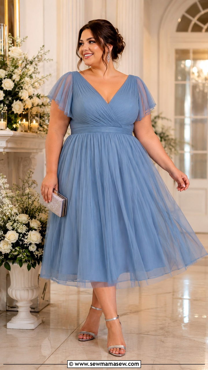 Dusty Blue Tulle Midi Dress With Silver Heels - 30 plus size spring wedding guest outfit ideas