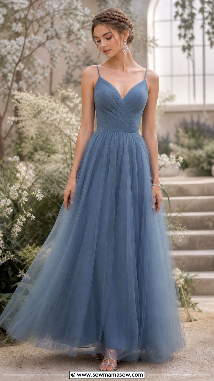 Dusty Blue Tulle Prom Dress With Silver Accessories - 40 Prom dress ideas