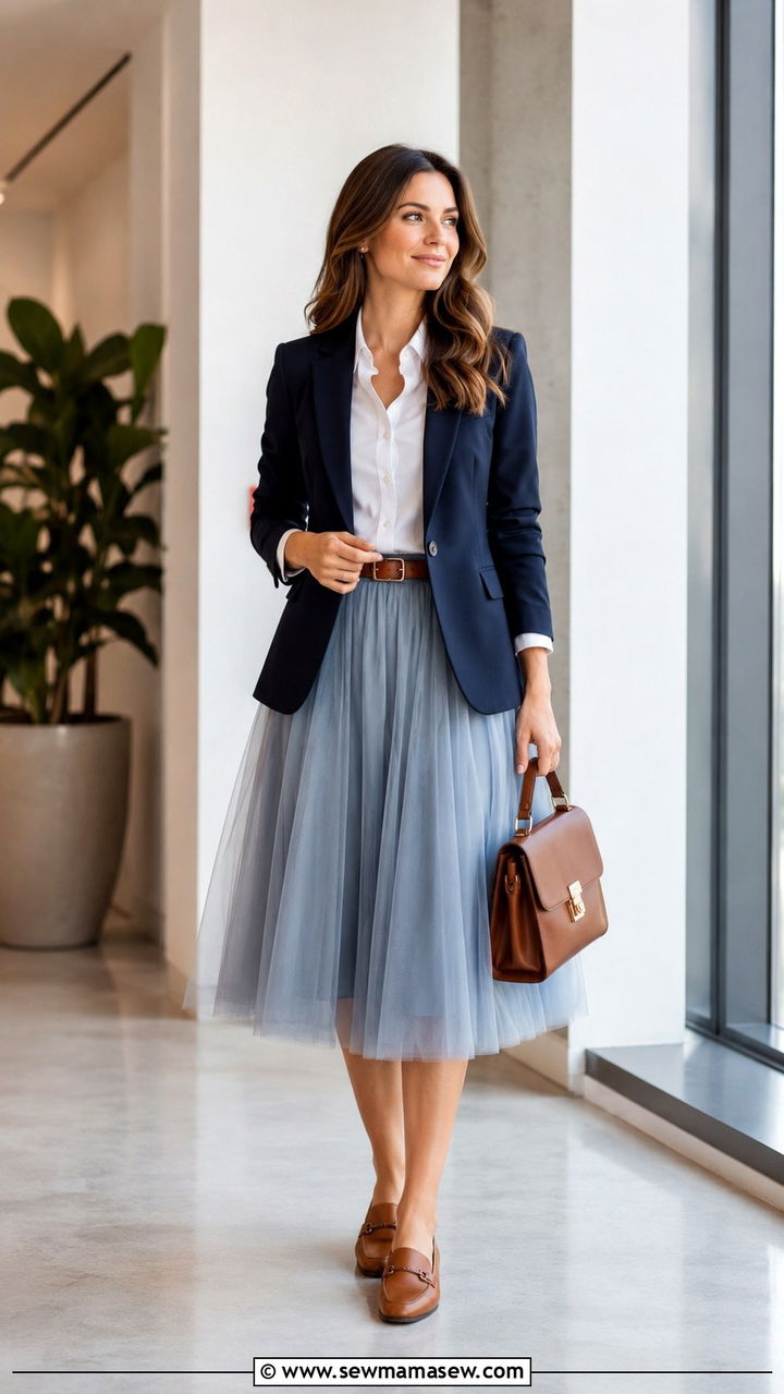 Dusty Blue Tulle Skirt With White Button Down And Navy Blazer - 25 Tulle skirt outfit ideas for work