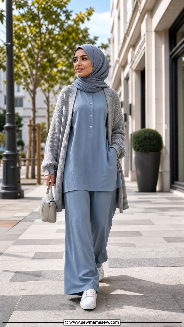 Dusty Blue Tunic With Wide Leg Trousers - 25 March Ramadan outfit ideas