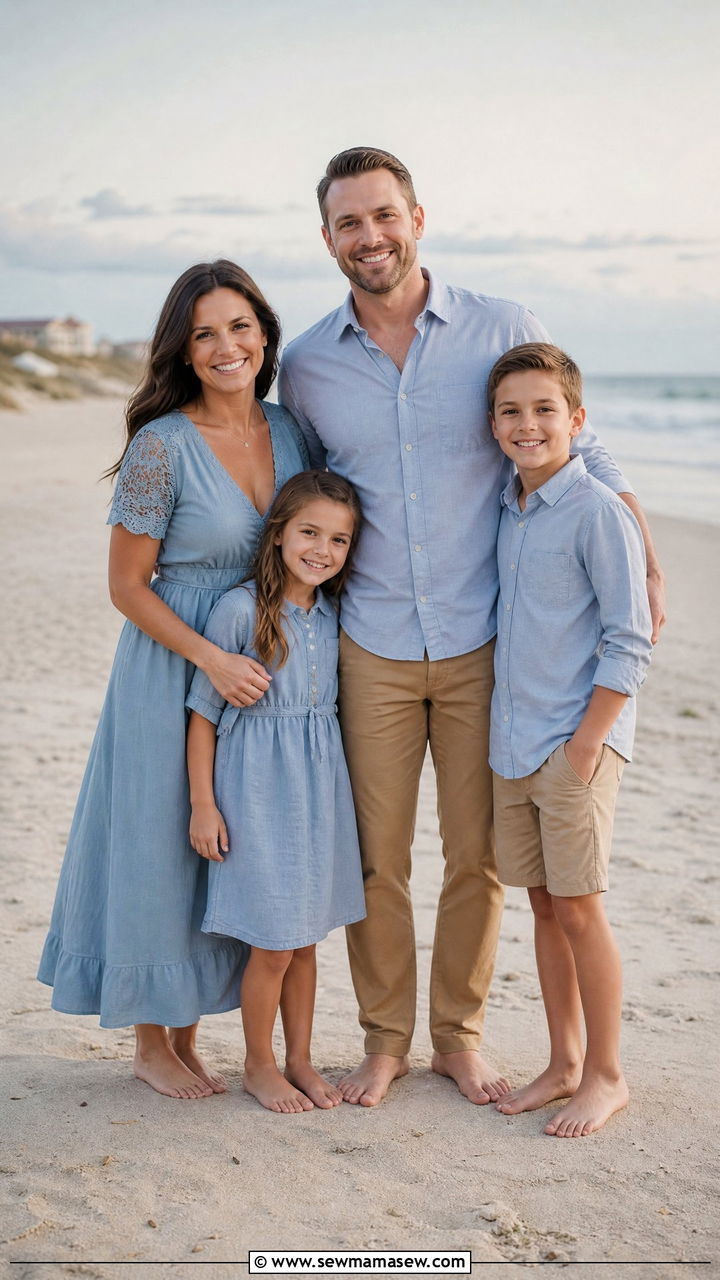 Dusty Blue and Tan Family Beach Outfit - 30 Family beach photo outfit ideas