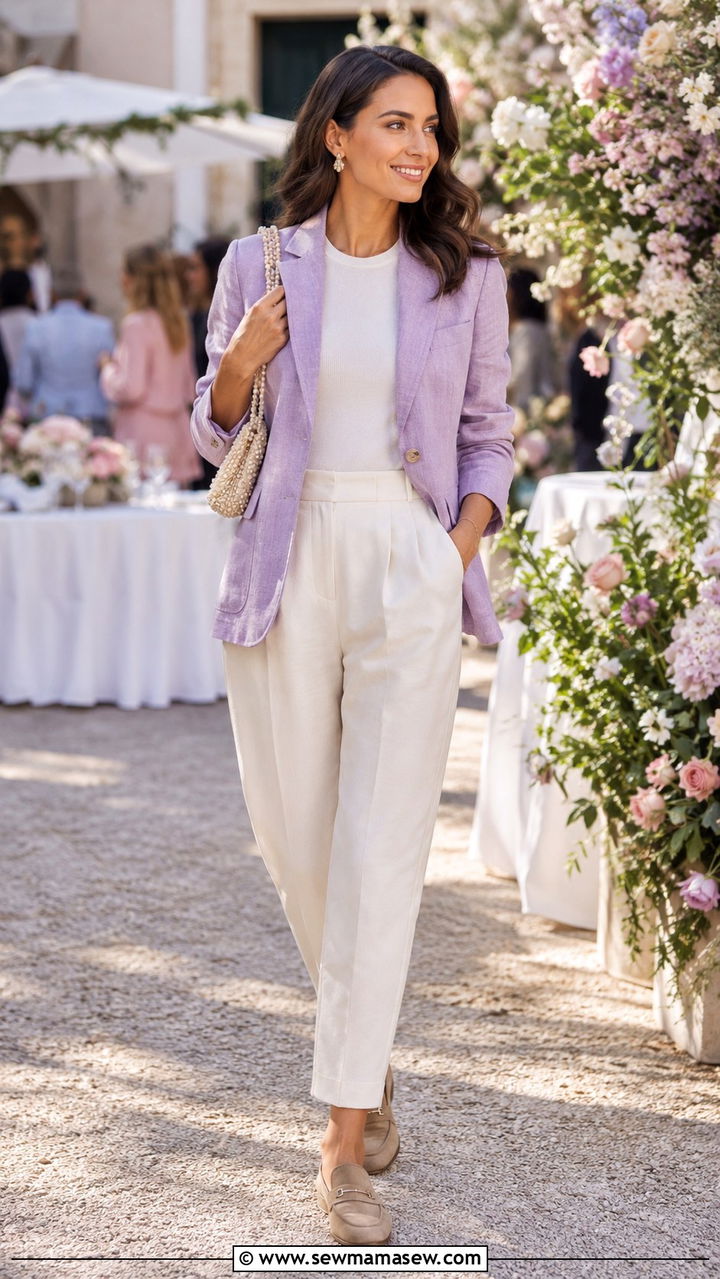 Dusty Lavender Linen Blazer With Cream Trousers and Suede Loafers - 30 Linen blazer outfit ideas with loafers