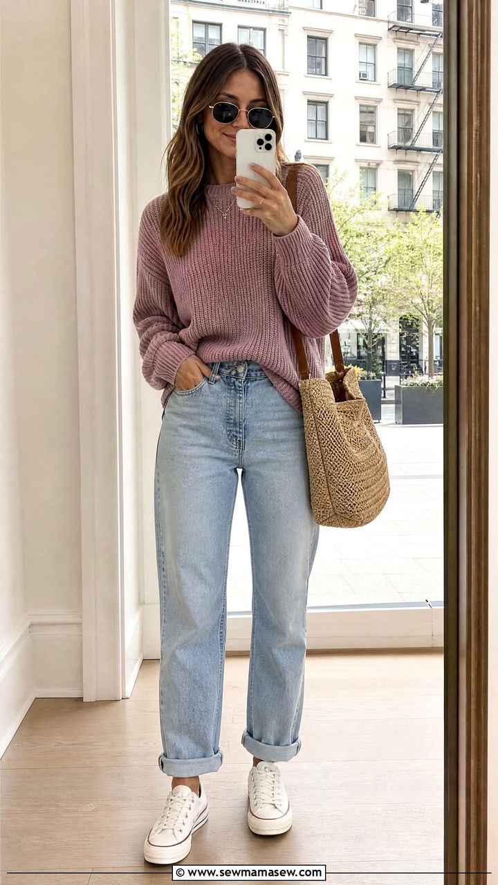 Dusty Mauve Ribbed Sweater With Cuffed Straight Leg Jeans - 25 Laid back spring outfit ideas 2026