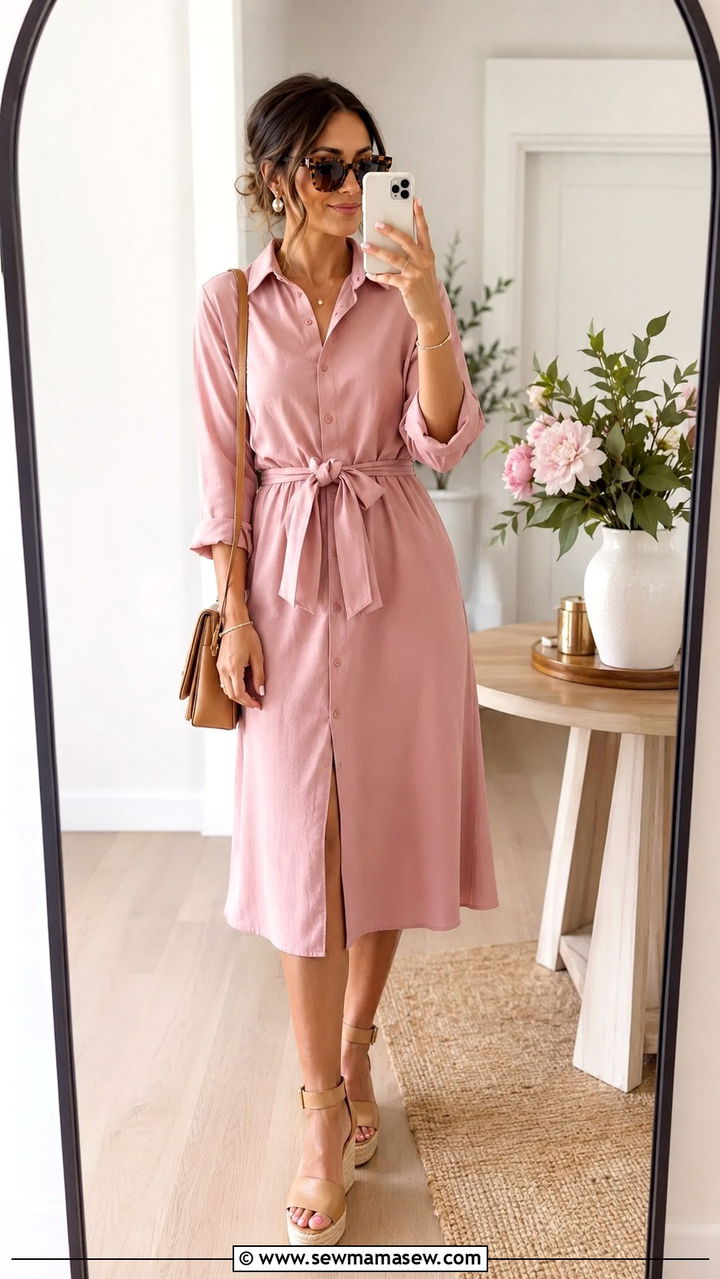 Dusty Pink Belted Shirt Dress with Espadrille Wedges - 25 Wedding guest outfit ideas dusty pink dress