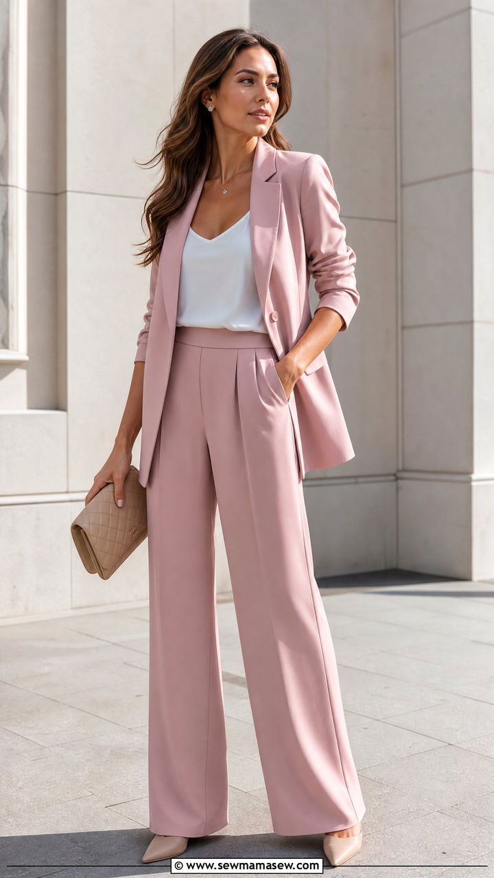 Dusty Pink Blazer And Wide Leg Trousers Set - 30 summer matching set outfit ideas