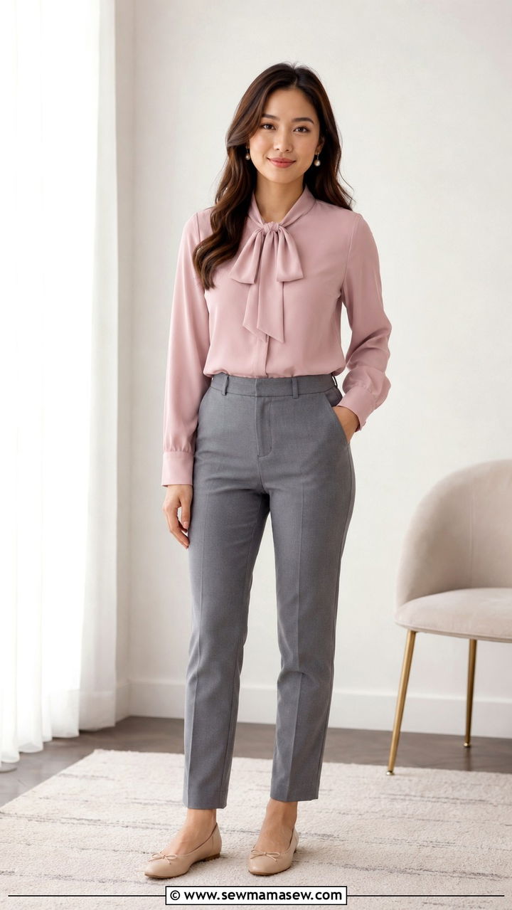 Dusty Pink Blouse With Gray Tailored Trousers - 25 Virtual interview outfit ideas