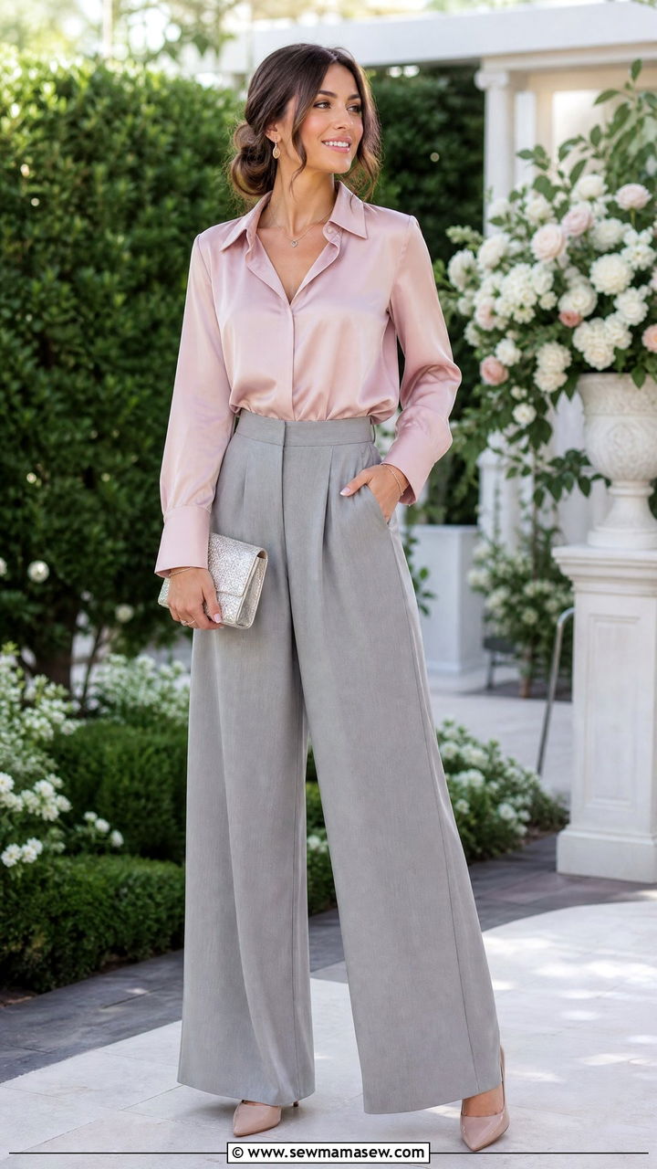 Dusty Pink Blouse with Grey Wide Leg Pants - 30 elegant outfit ideas for women