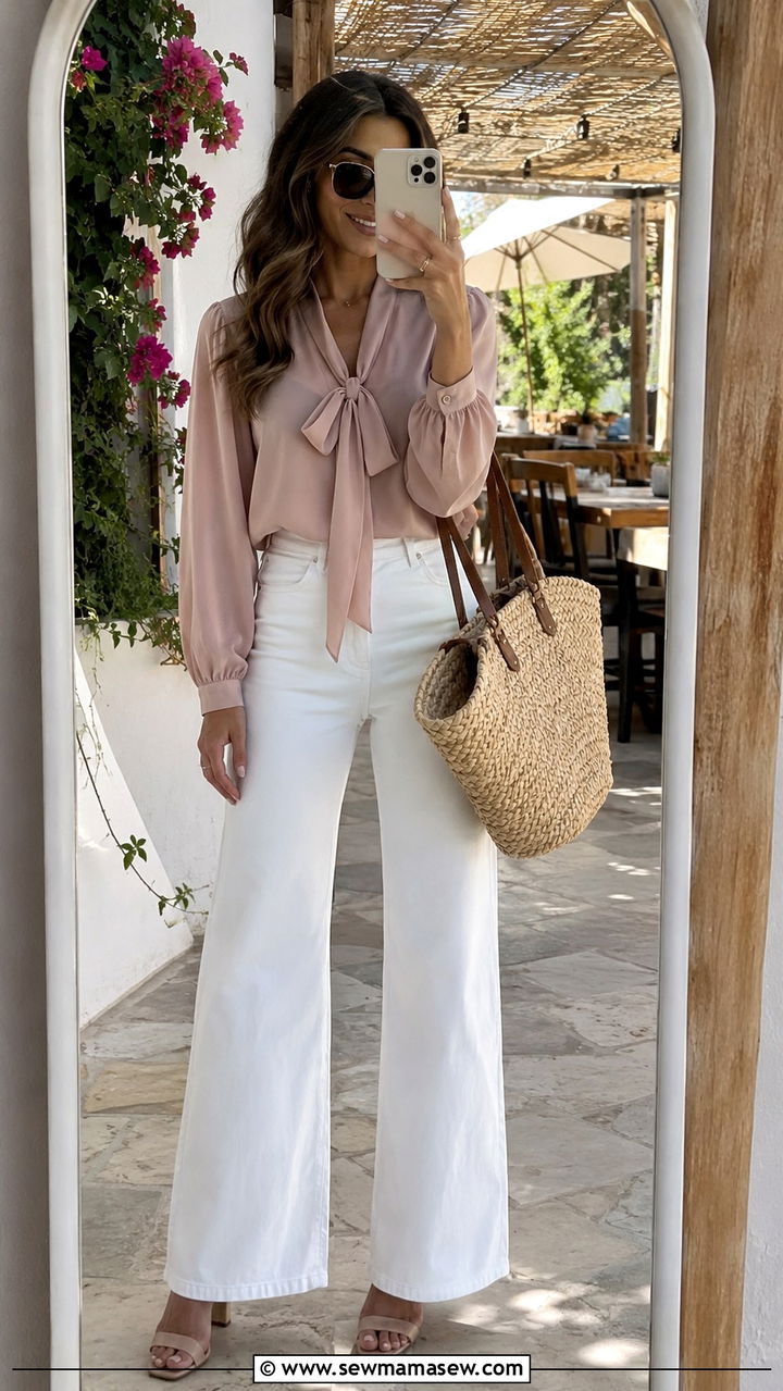 Dusty Pink Blouse with White Jeans - 30 Dusty pink outfit ideas