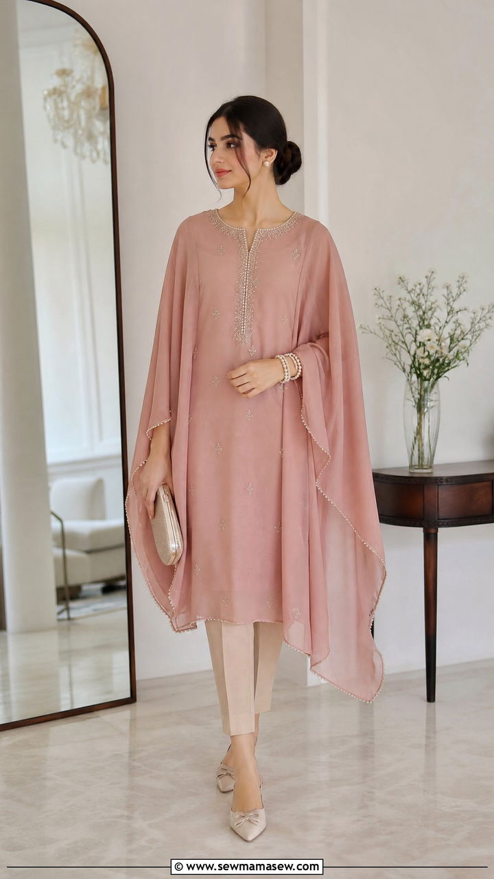 Dusty Pink Cape Kurta with Fitted Trousers - 30 Eid outfit ideas for teens