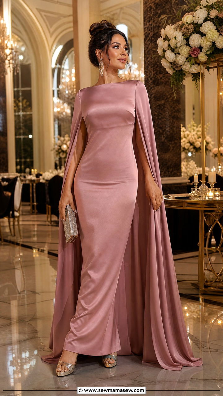 Dusty Pink Cape Maxi Dress Wedding Guest - 30 Dusty pink wedding guest dress outfit ideas