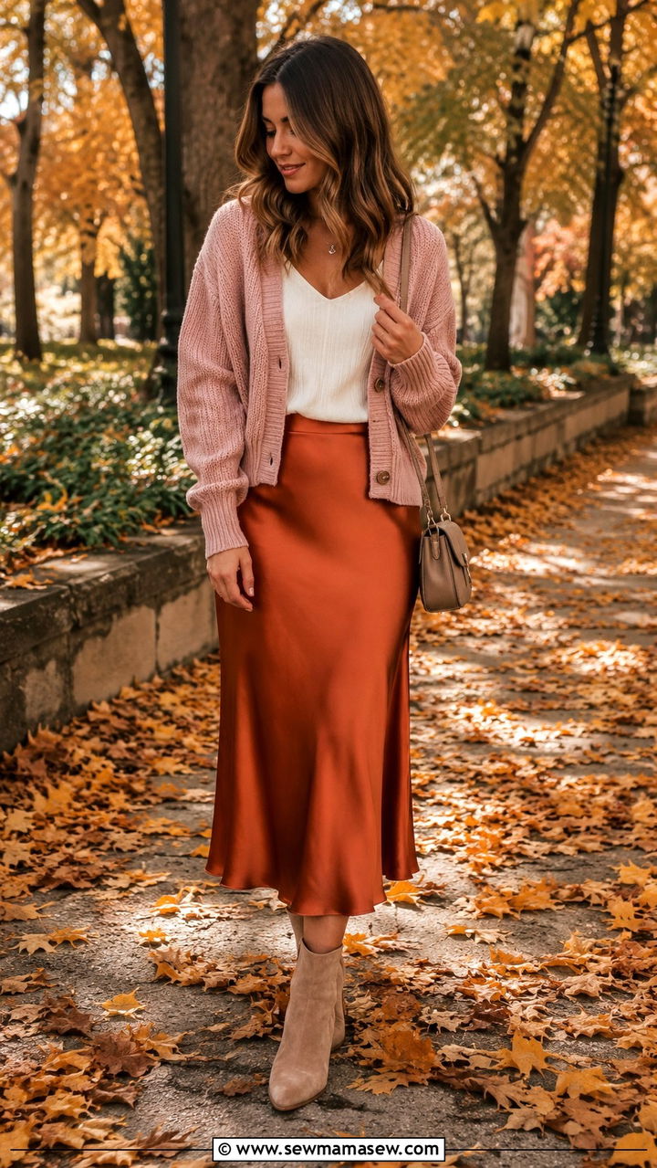 Dusty Pink Cardigan With Burnt Orange Slip Skirt - 25 Orange and pink outfit ideas