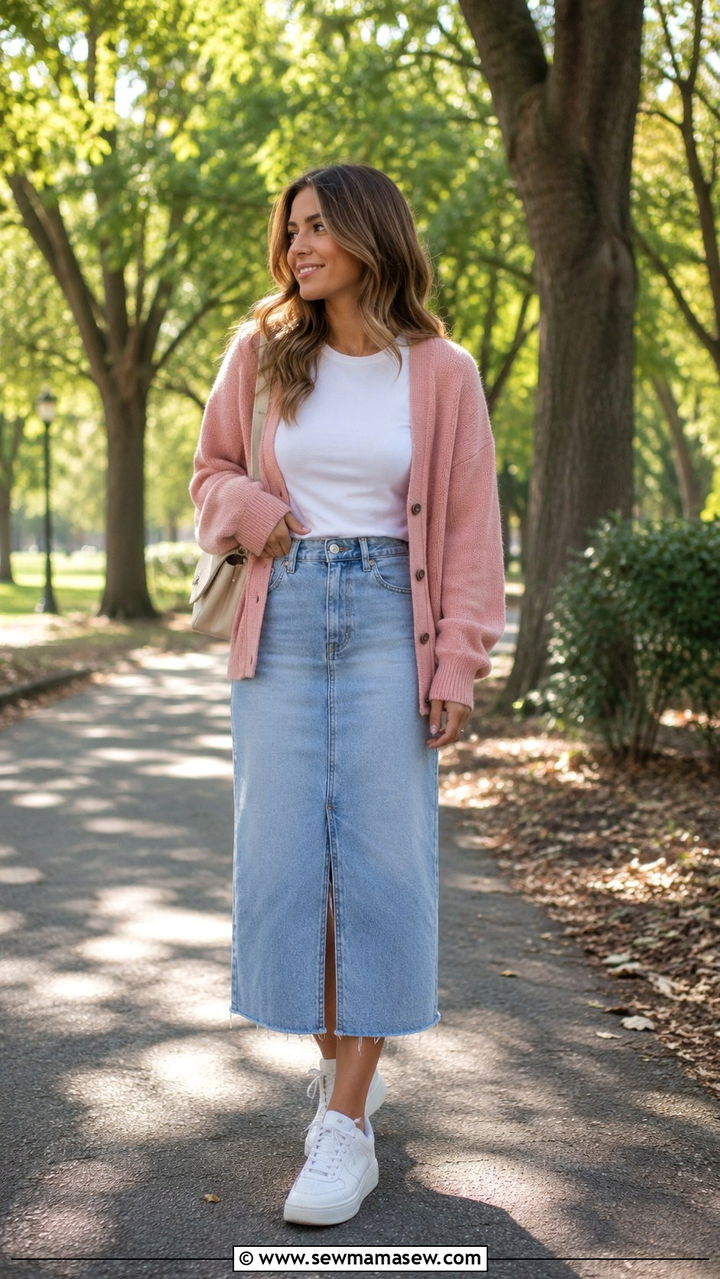 Dusty Pink Cardigan and Denim Skirt Outfit - 30 Dusty pink outfit ideas