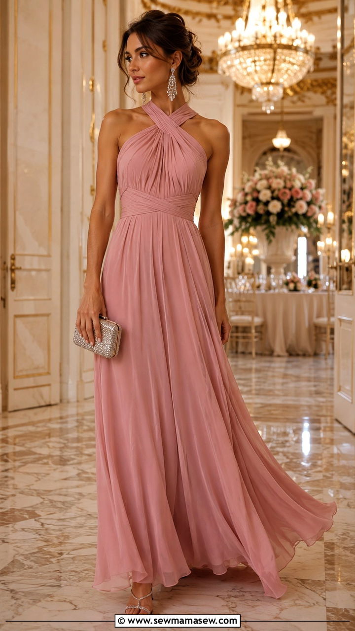 Dusty Pink Chiffon Maxi Dress with Crystal Accessories - 25 Wedding guest outfit ideas dusty pink dress
