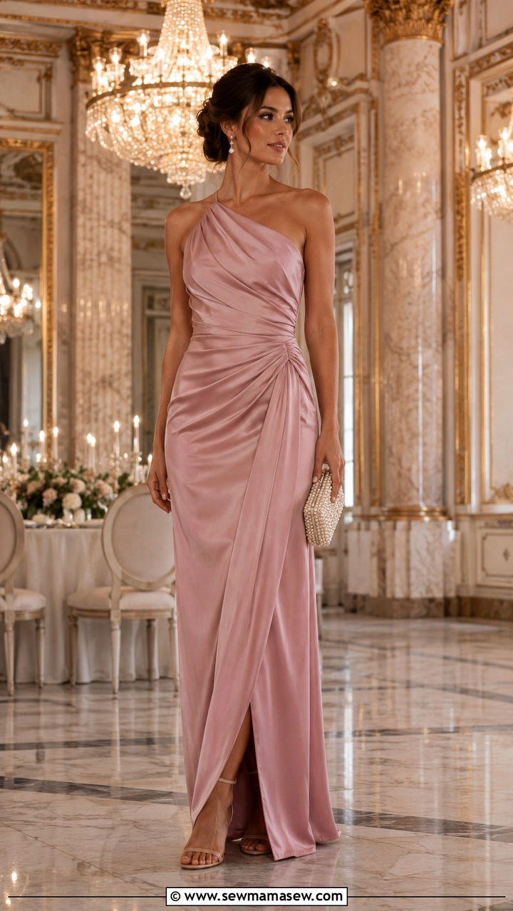 Dusty Pink Draped One Shoulder Gown with Minimalist Accessories - 25 Wedding guest outfit ideas dusty pink dress