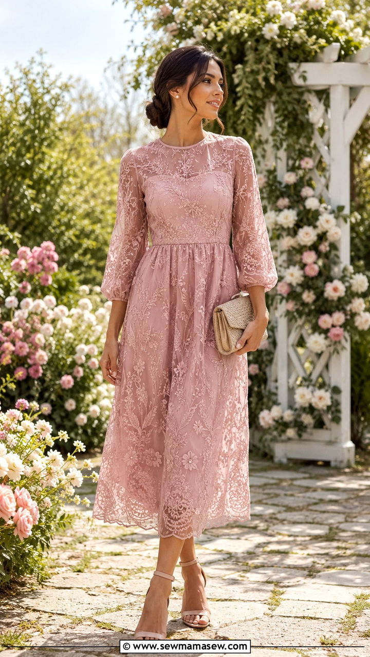 Dusty Pink Embroidered Dress with Block Heels - 25 Wedding guest outfit ideas dusty pink dress