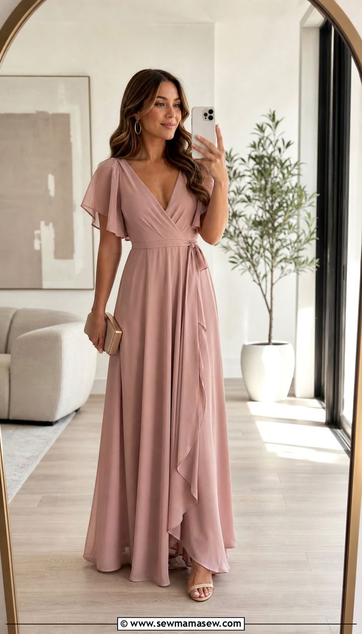 Dusty Pink Floor Length Guest Dress with Delicate Jewelry - 25 Debutante ball outfit ideas