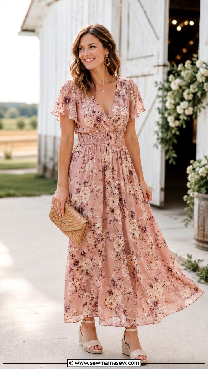 Dusty Pink Floral Print Maxi Dress - 30 Dusty pink wedding guest dress outfit ideas