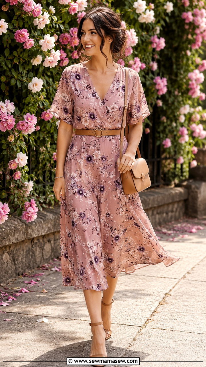 Dusty Pink Floral Print Midi with Tan Accessories - 25 Wedding guest outfit ideas dusty pink dress