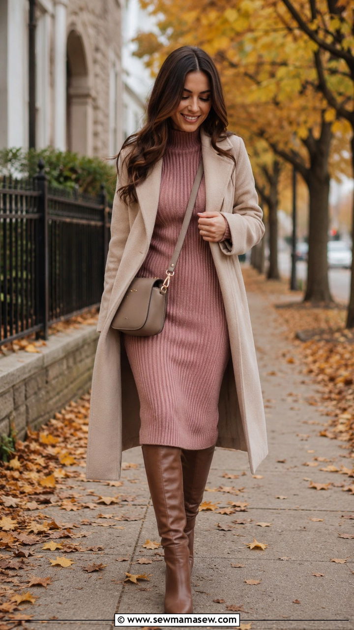 Dusty Pink Knit Dress with Boots - 30 Dusty pink outfit ideas