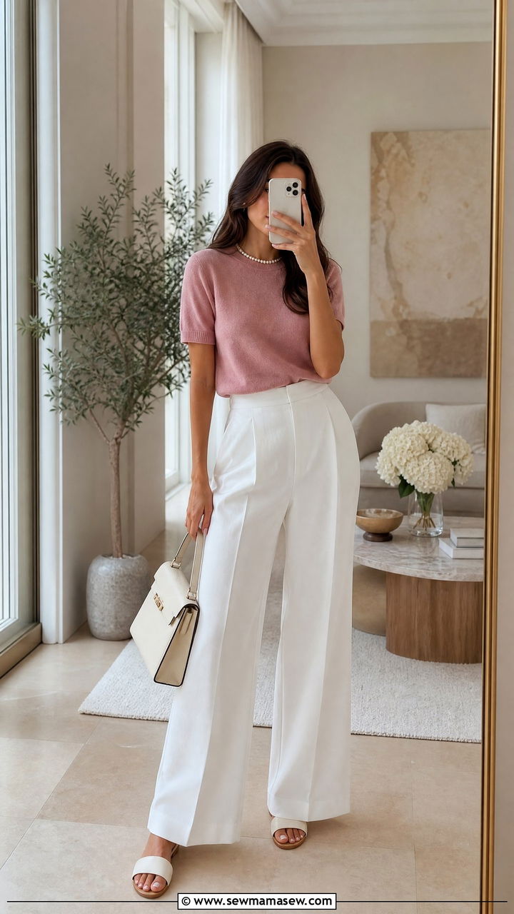 Dusty Pink Knit Top With White Wide Leg Pants - 30 Summer outfits in pink