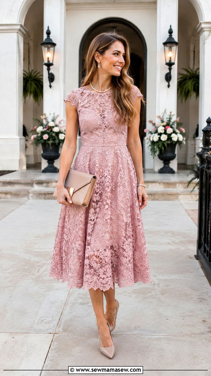 Dusty Pink Lace Midi Dress Wedding Guest - 30 Dusty pink wedding guest dress outfit ideas