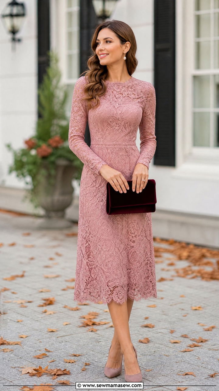 Dusty Pink Long Sleeve Lace Dress - 30 Dusty pink wedding guest dress outfit ideas