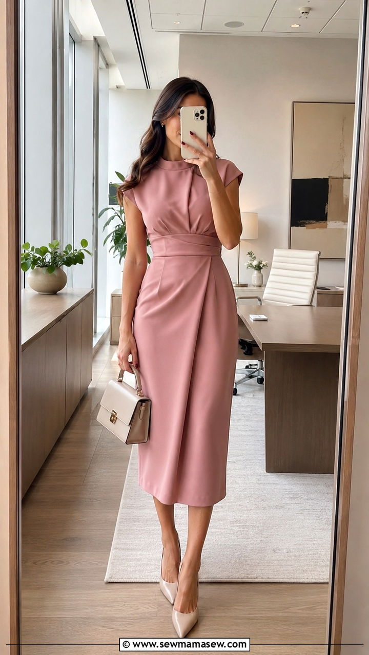 Dusty Pink Midi Dress with Neutral Heels - 30 Pink outfit ideas for work