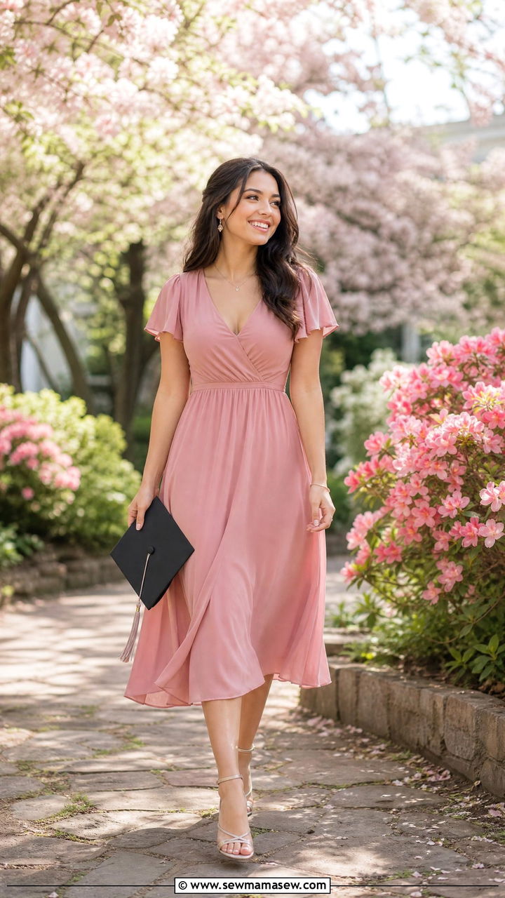 Dusty Pink Midi Dress with Silver Heels Graduation Outfit - 25 Graduation photo shoot outfit ideas