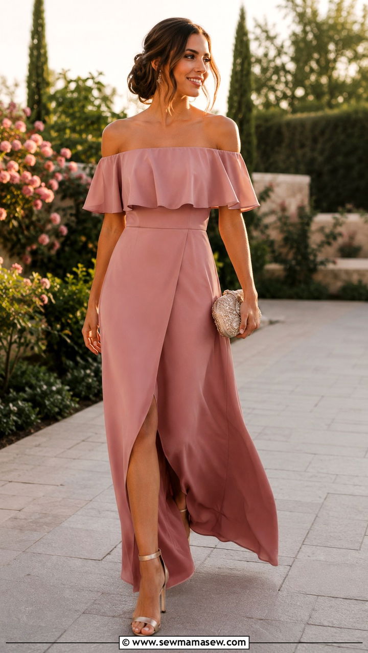 Dusty Pink Off Shoulder Maxi Dress - 30 Dusty pink wedding guest dress outfit ideas