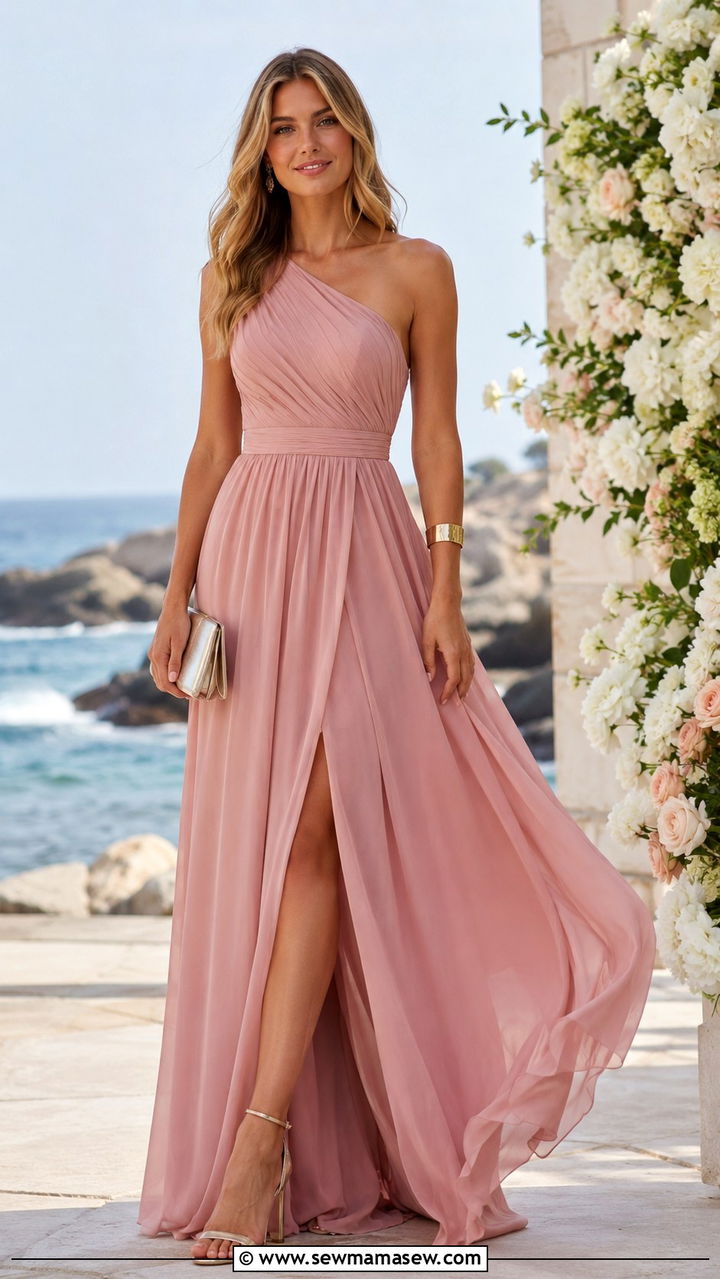 Dusty Pink One Shoulder Maxi Dress - 30 Dusty pink wedding guest dress outfit ideas