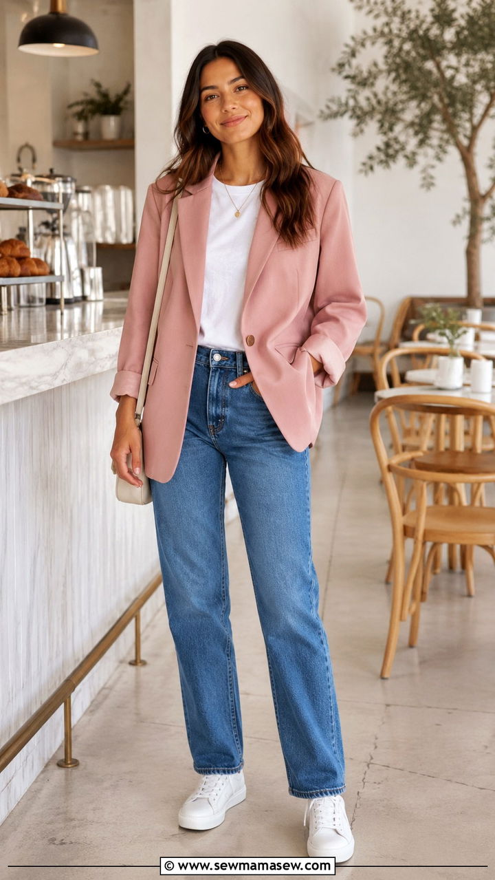 Dusty Pink Oversized Blazer With White Tee and Straight Leg Denim - 30 Oversized blazer outfit ideas with a t-shirt