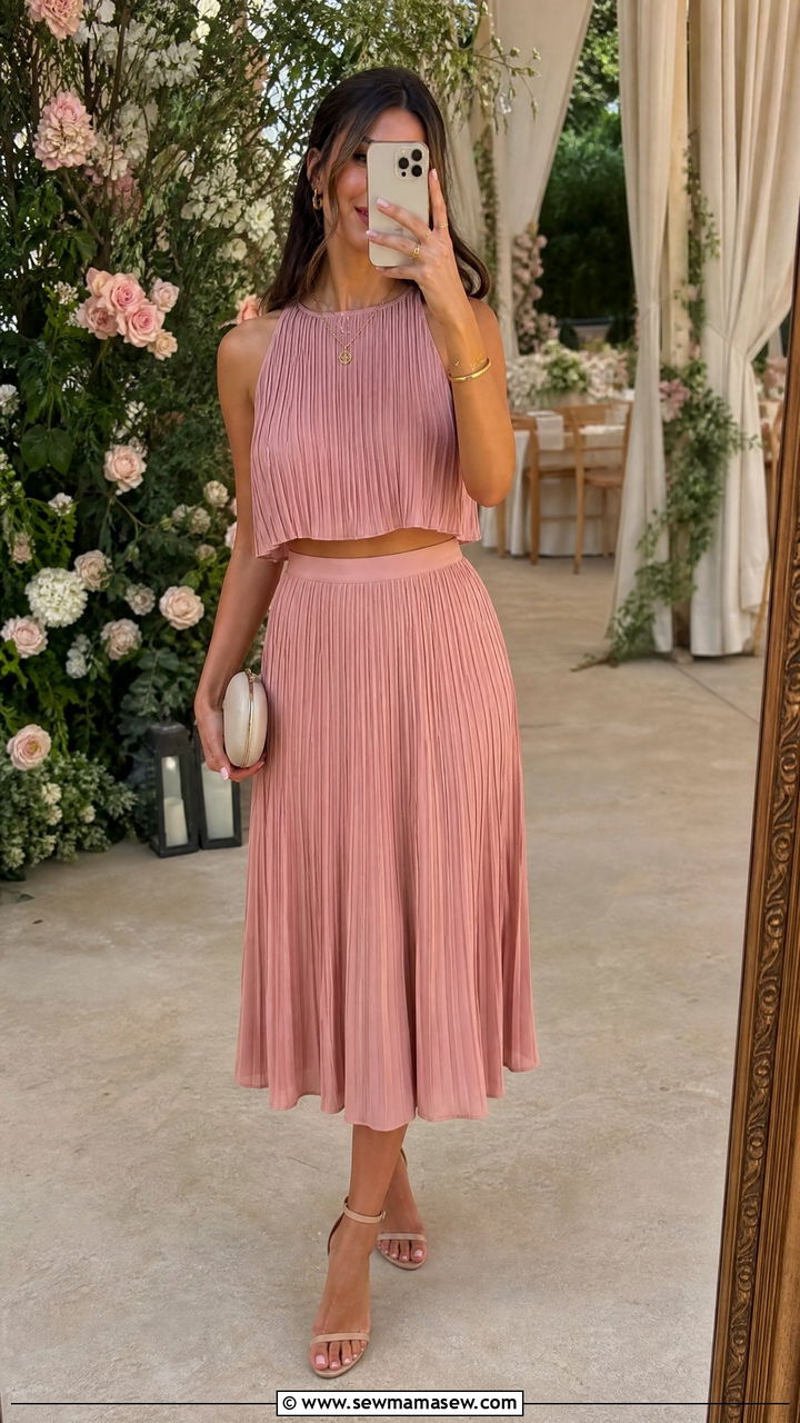 Dusty Pink Pleated Crop Top And Midi Skirt Set - 35 Matching set outfit ideas for wedding guest