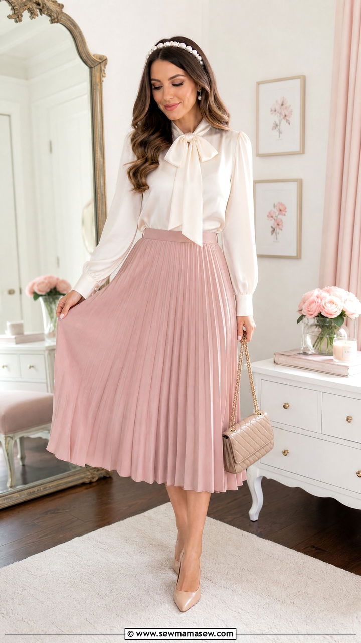 Dusty Pink Pleated Skirt with Satin Blouse - 25 modest bridal shower outfit ideas