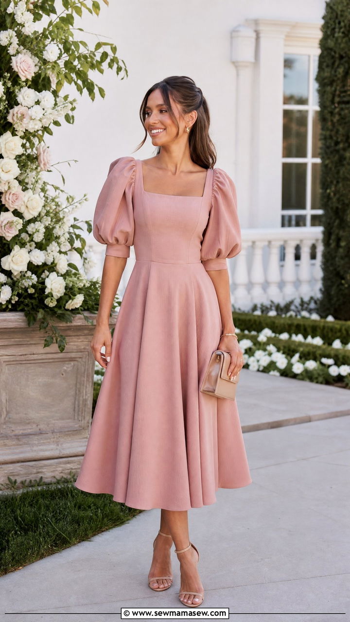 Dusty Pink Puff Sleeve Midi Dress - 30 Dusty pink wedding guest dress outfit ideas