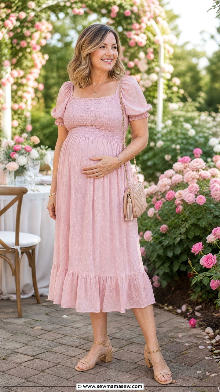 Dusty Pink Smocked Midi Dress With Low Heel Sandals - 25 baby shower outfits for women over 40