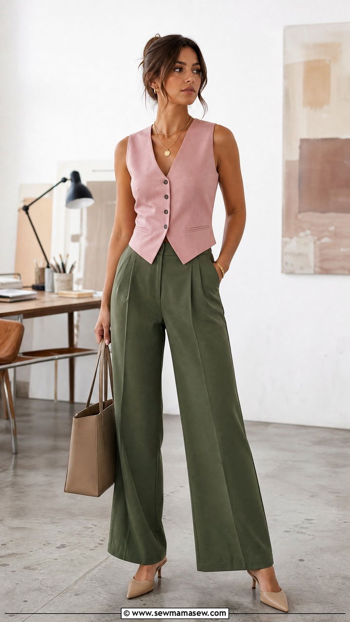 Dusty Pink Tailored Vest and Green Trousers - 25 Green and pink outfit ideas