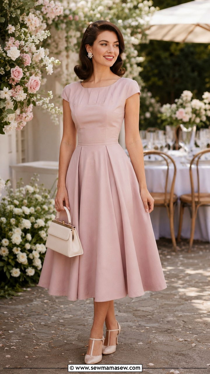 Dusty Pink Tea Length Dress with Vintage Accessories - 25 Wedding guest outfit ideas dusty pink dress